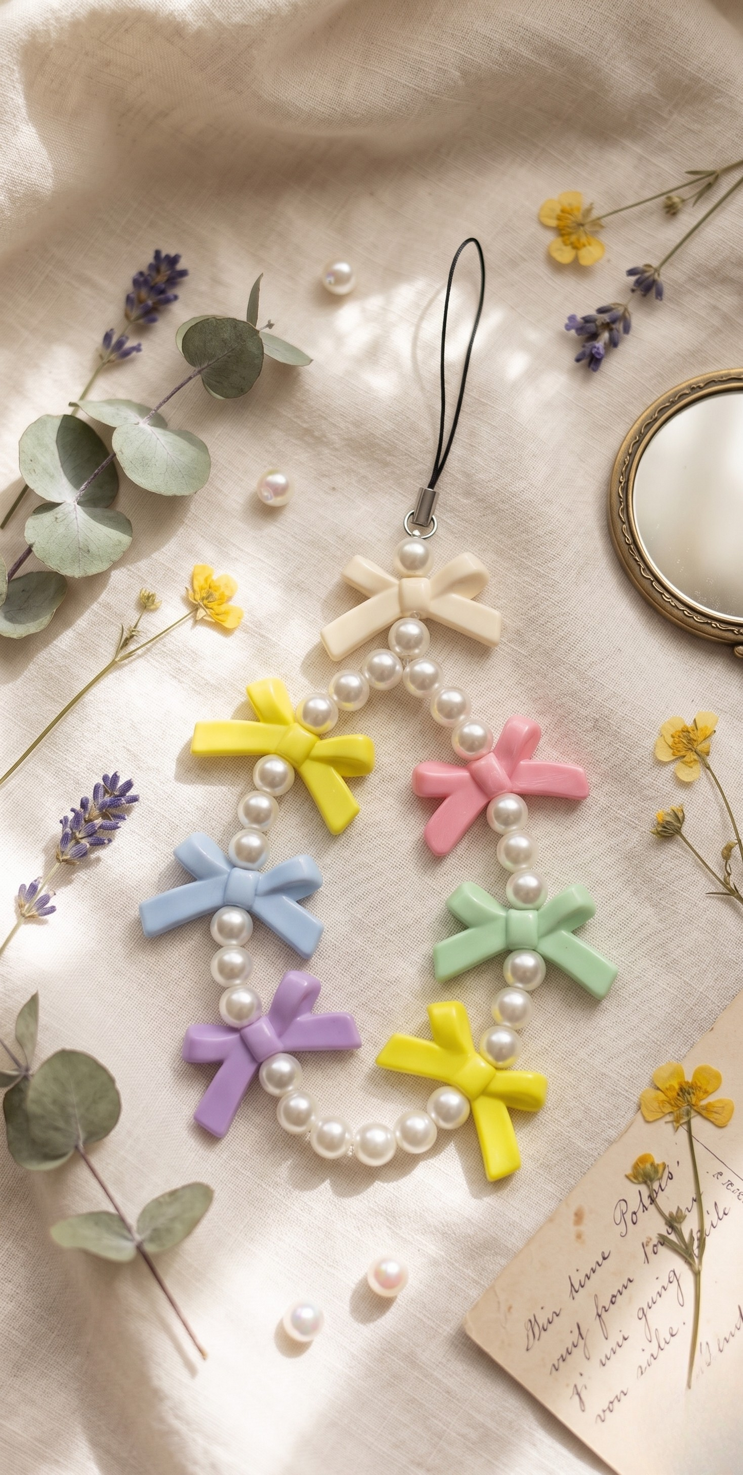 A faux pearl phone charm decorated with multiple pastel-colored bows in cream, yellow, pink, green, blue, and purple, resting on linen with dried flowers.
