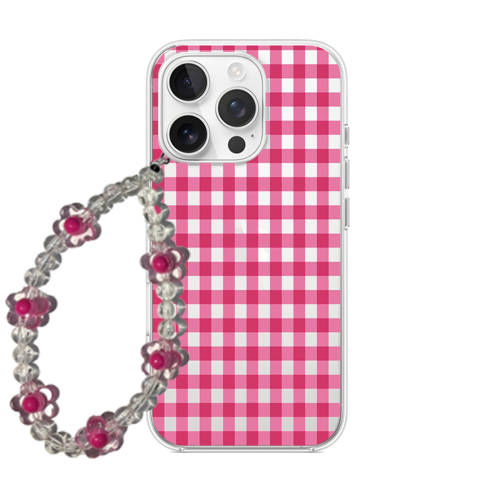 Pink Gingham Coquette Phone Case with Pearl Bow Charm