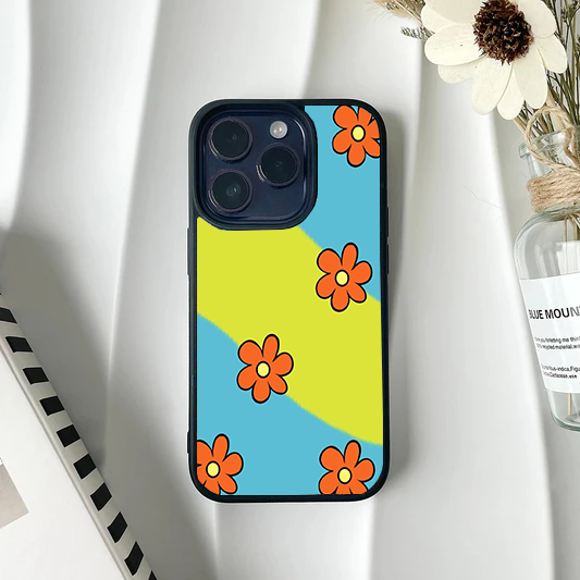 Phone case with cartoon orange flowers on a wavy blue and yellow-green background.