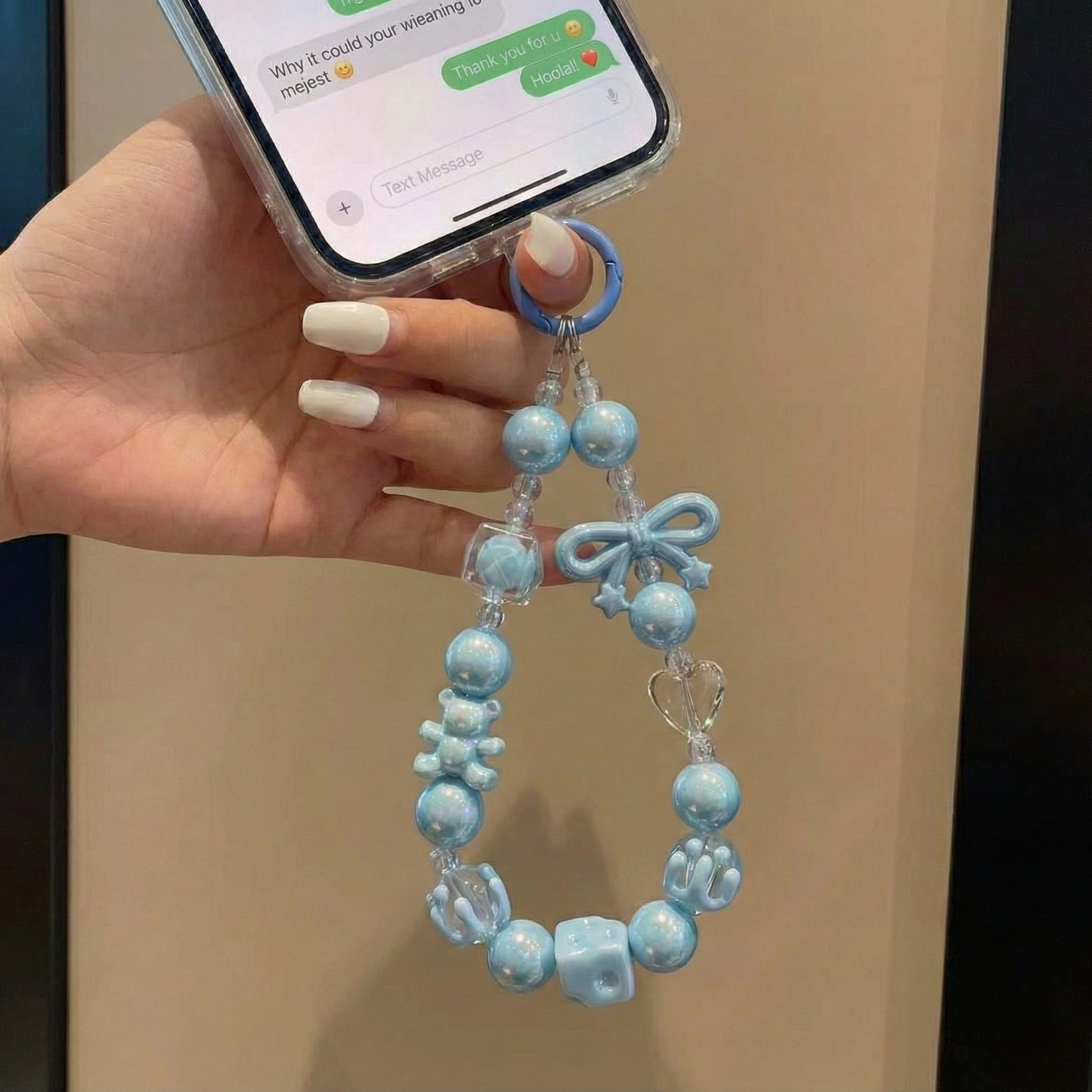 Pastel Blue Pearl & Bow Phone Charm