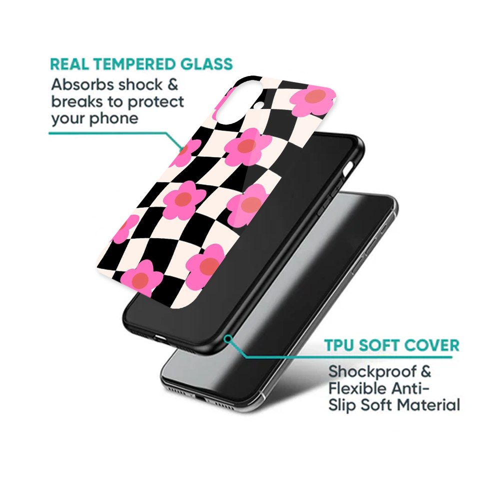 Black & White Wavy Checkerboard Pink Floral Case