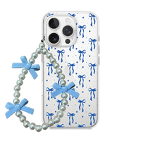 Clear phone case featuring a pattern of baby blue bows and little blue hearts, with a pearl wrist strap accented by 3D blue bows.