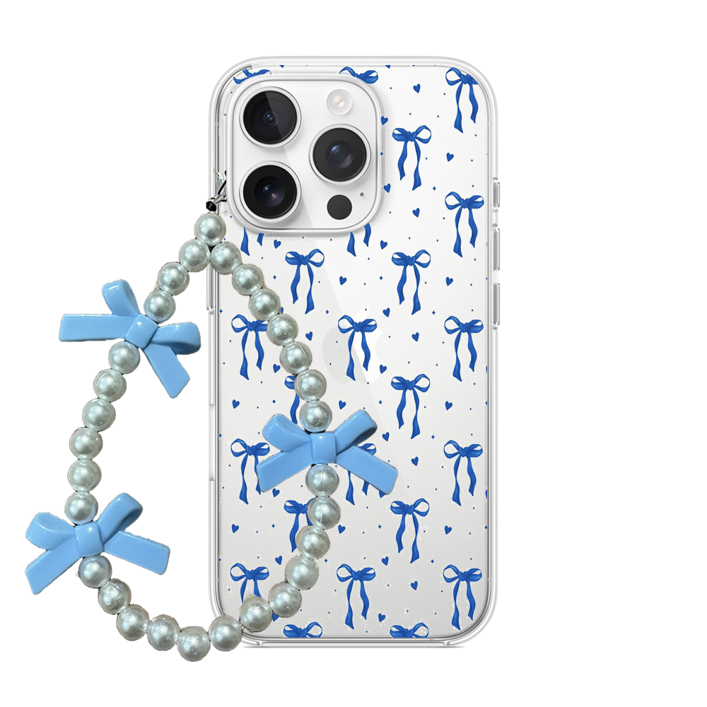 Clear phone case featuring a pattern of baby blue bows and little blue hearts, with a pearl wrist strap accented by 3D blue bows.