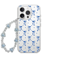 Baby Blue Bow & Heart Clear Phone Case with Pearl Strap