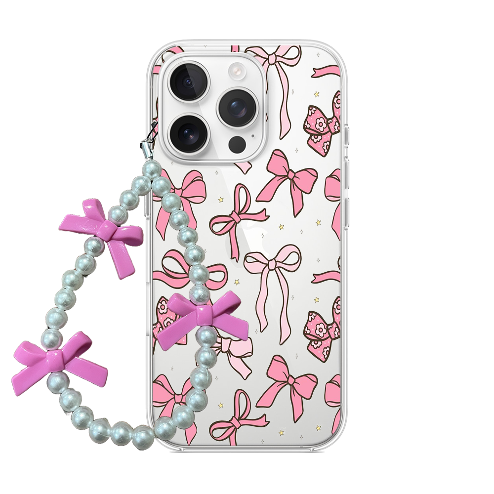 Clear phone case with a scattered pastel pink ribbon bow pattern, attached to a pearl wrist strap with 3D pink bows.