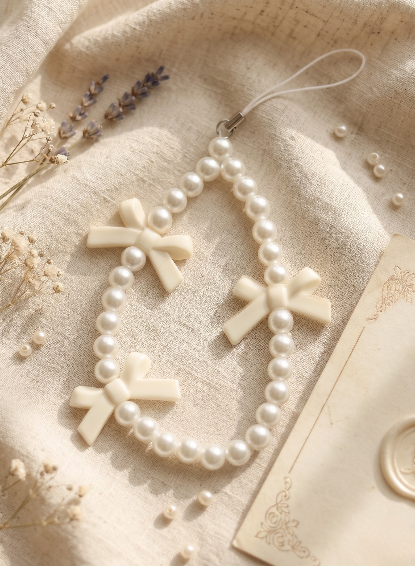 Elegant faux pearl phone wristlet featuring cream-colored bows, styled beautifully on a textured linen cloth with dried baby's breath and a vintage wax-sealed envelope.
