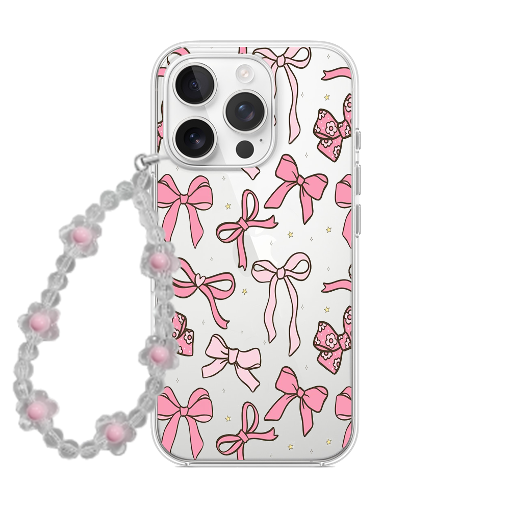 Pastel Pink Ribbon Bow Clear Phone Case with Pearl Strap