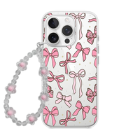 Pastel Pink Ribbon Bow Clear Phone Case with Pearl Strap