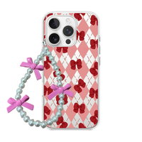 Pink Argyle & Red Bow Clear Phone Case with Beaded Charm