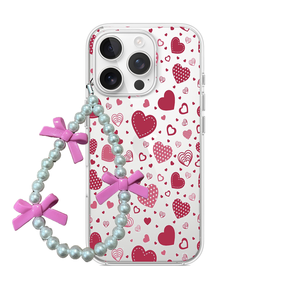 Mixed Pattern Valentine Heart Phone Case with Beaded Charm