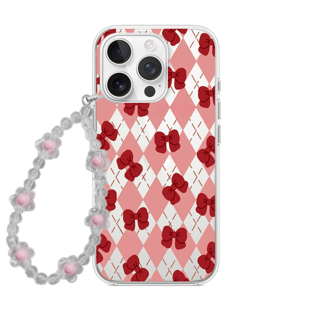 Pink Argyle & Red Bow Clear Phone Case with Beaded Charm