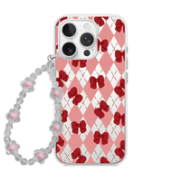 Pink Argyle & Red Bow Clear Phone Case with Beaded Charm