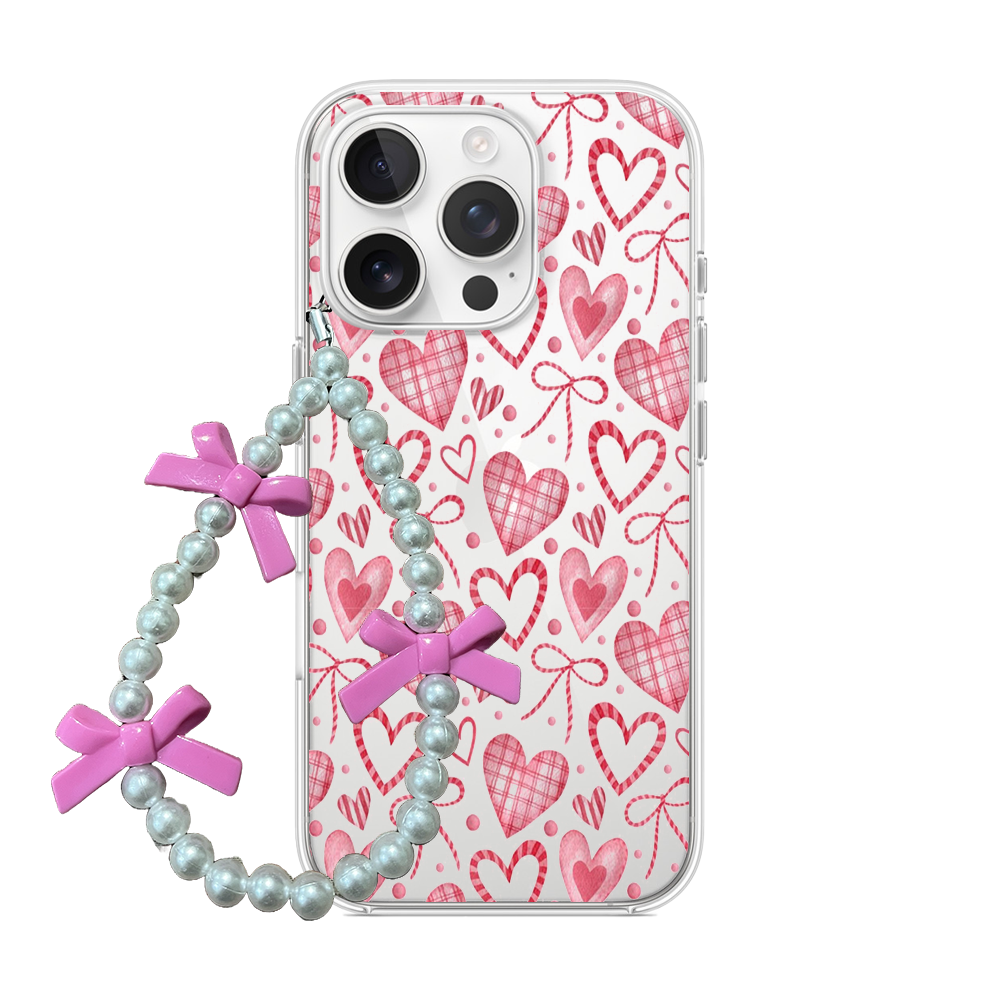 Coquette Plaid Heart & Bow Phone Case with Beaded Charm