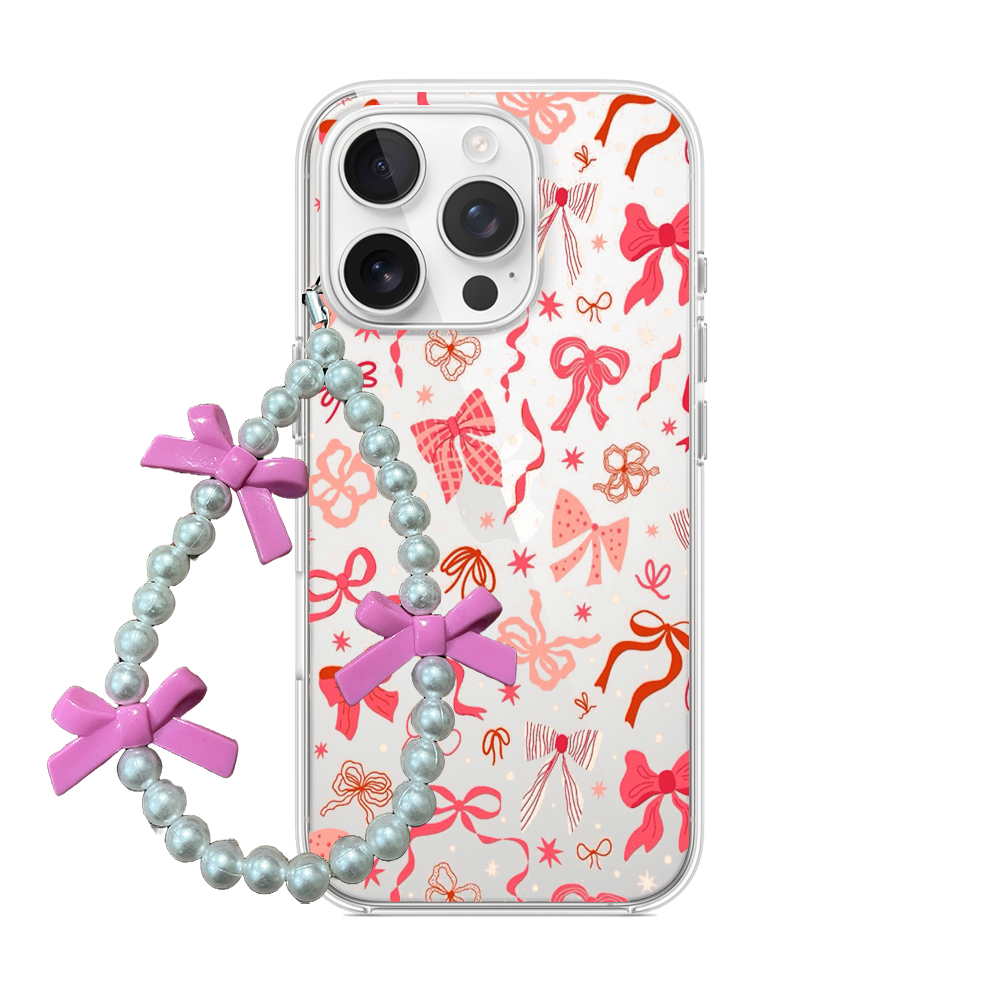 Coquette Pink & Red Ribbon Bow Clear Phone Case with Beaded Charm