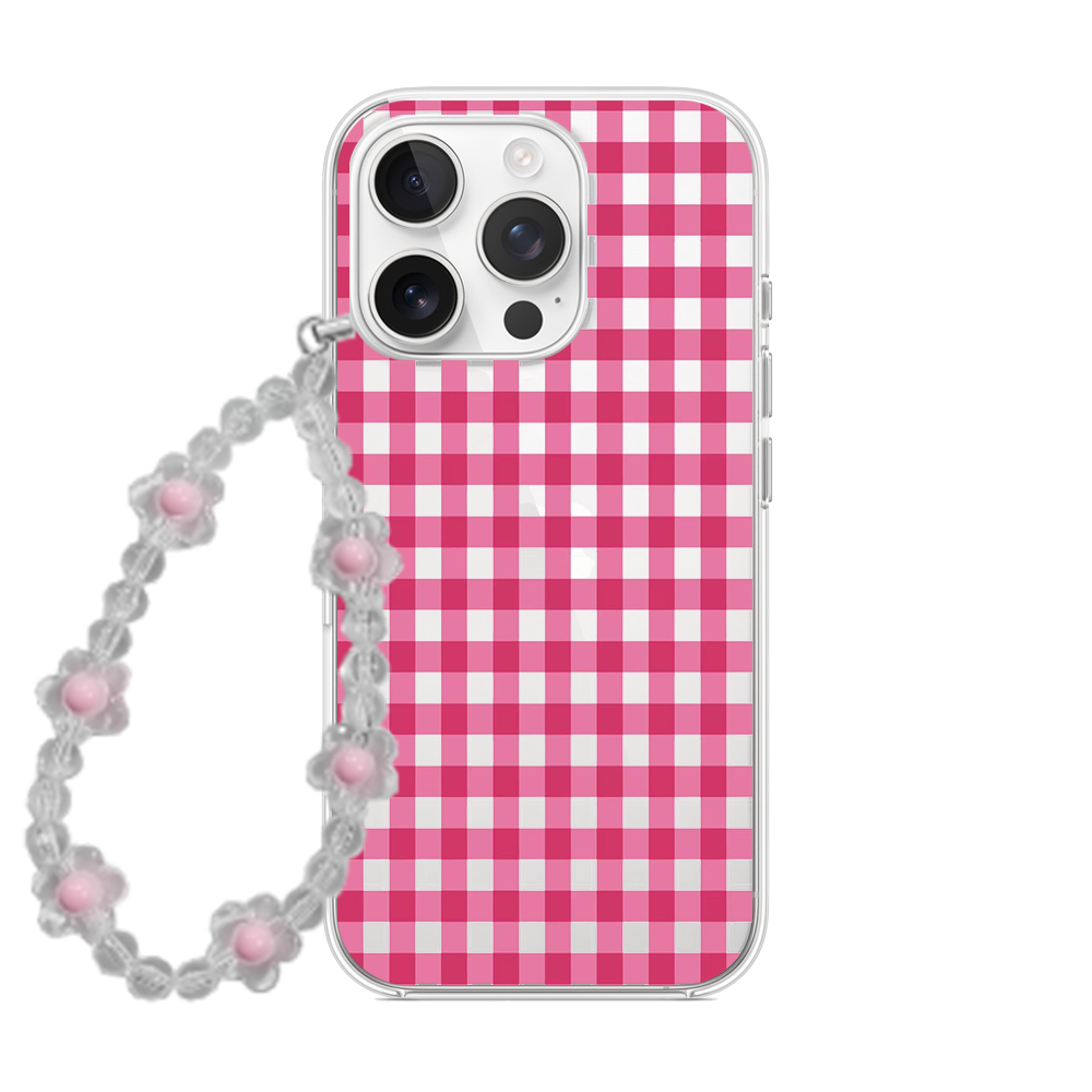 Pink Gingham Coquette Phone Case with Pearl Bow Charm