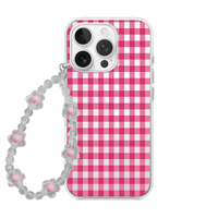 Pink Gingham Coquette Phone Case with Pearl Bow Charm
