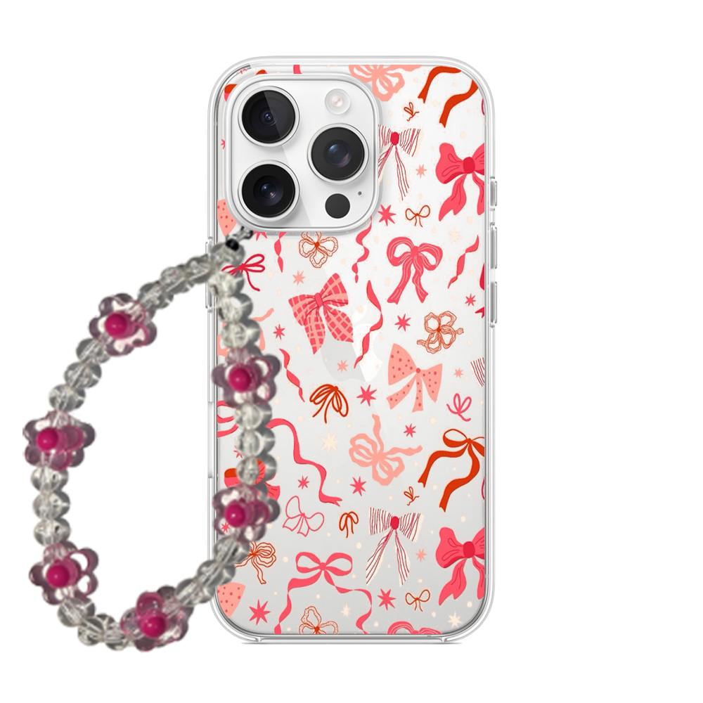 Coquette Pink & Red Ribbon Bow Clear Phone Case with Beaded Charm