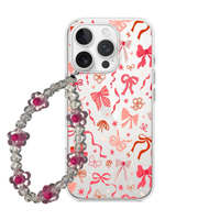 Coquette Pink & Red Ribbon Bow Clear Phone Case with Beaded Charm