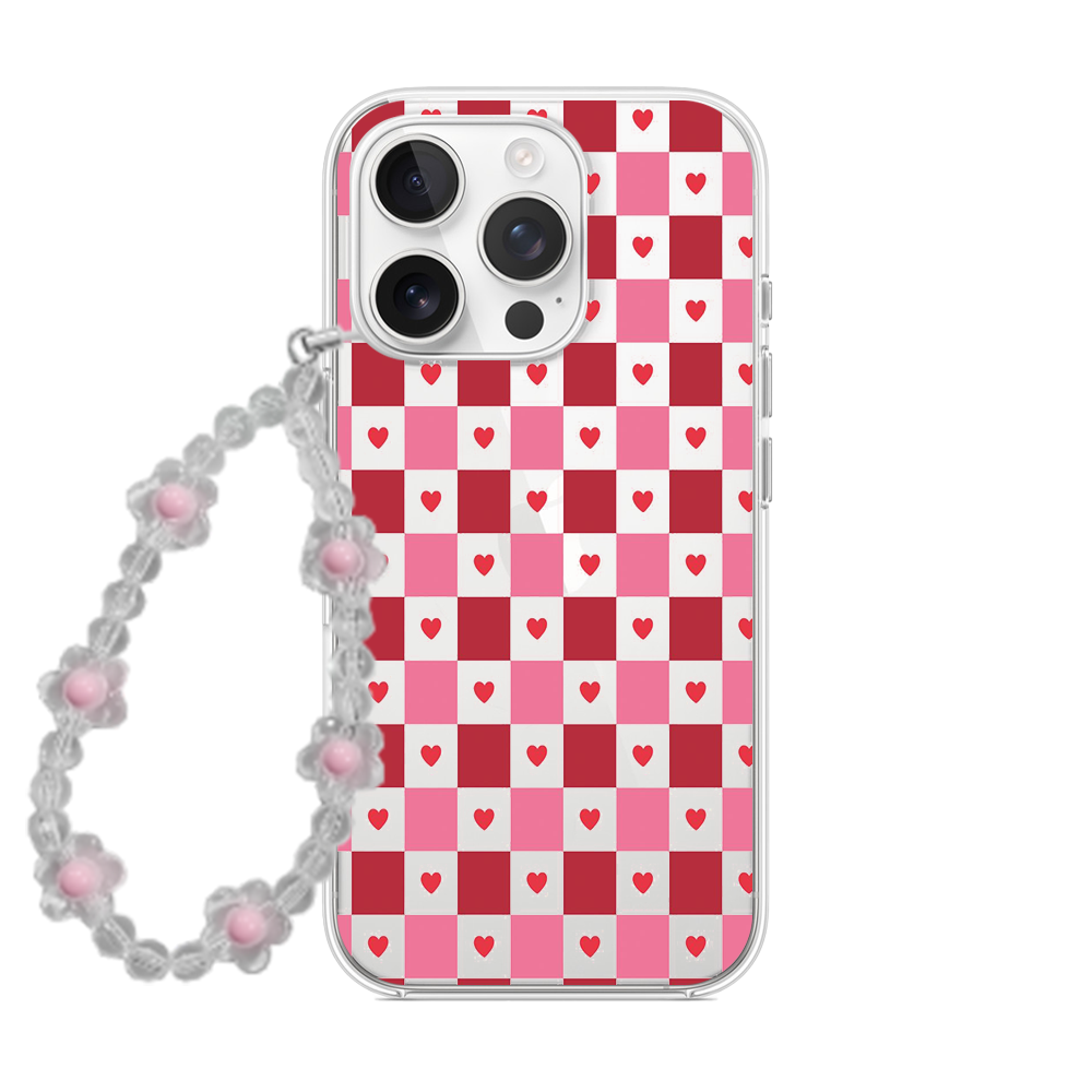 Retro Heart Checkerboard Phone Case with Beaded Charm
