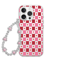Retro Heart Checkerboard Phone Case with Beaded Charm