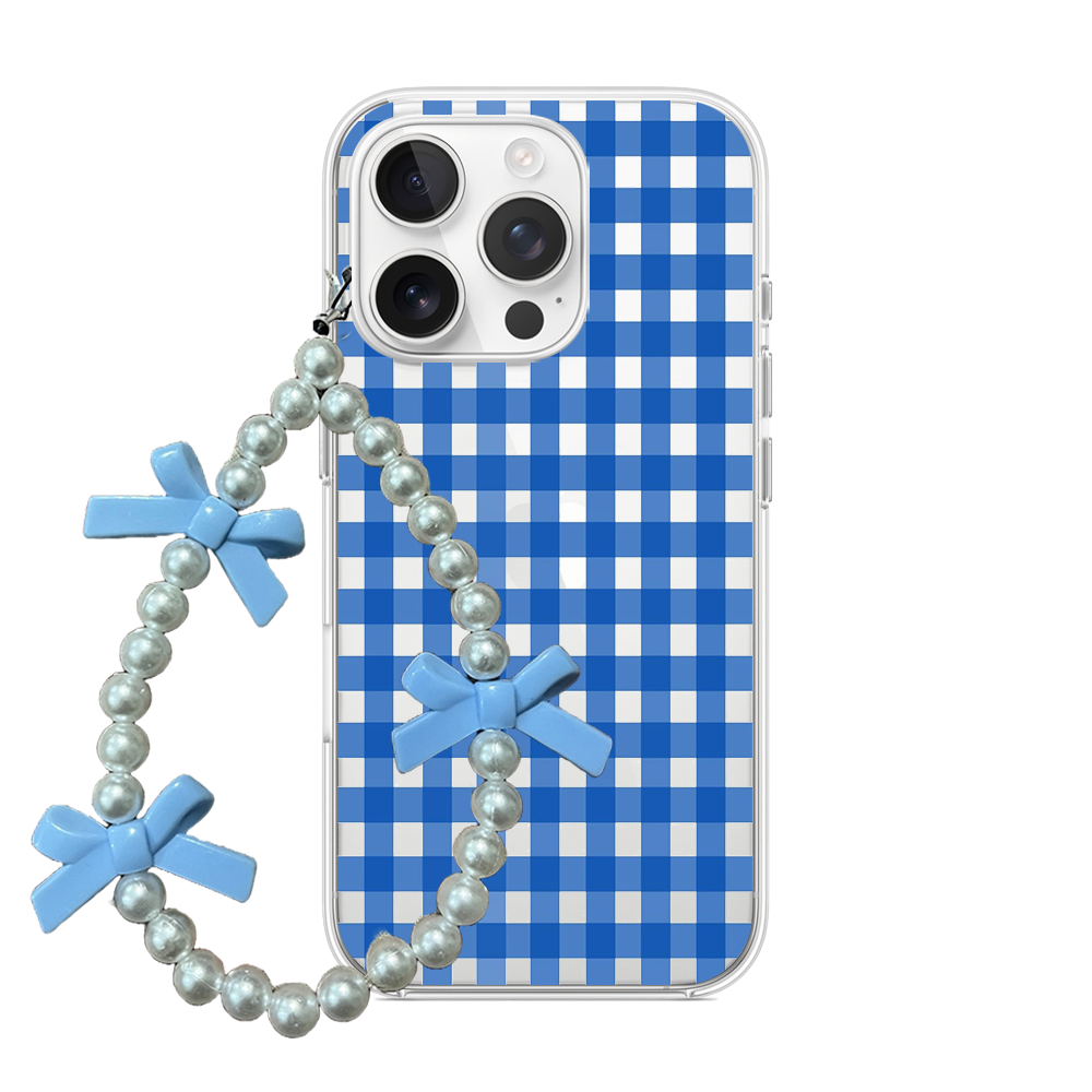 Clear phone case featuring a light blue gingham pattern attached to a pearl phone charm with blue bows.