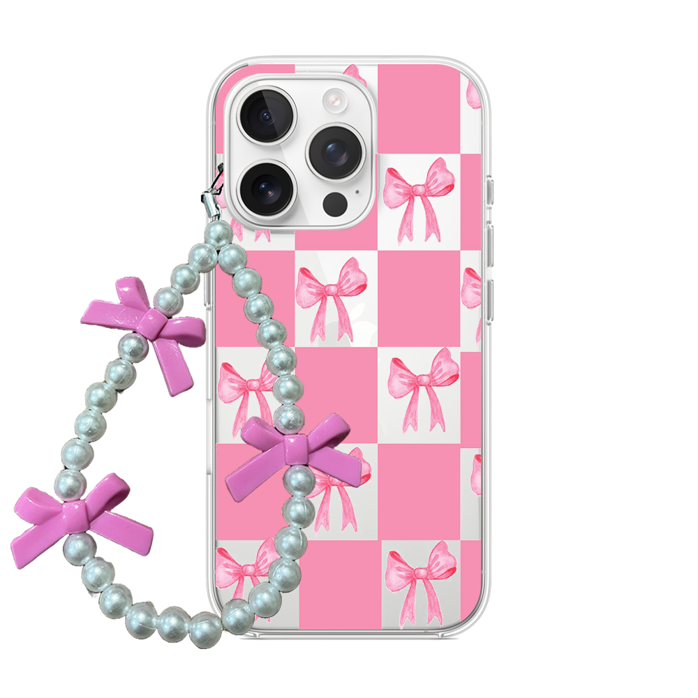 Clear phone case with a pink and white checkerboard background, pink watercolor bows, and a pearl wrist strap with 3D pink bows.