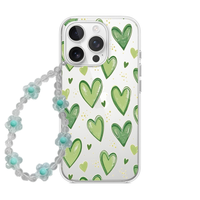 Clear phone case with hand-drawn style green hearts and dots, featuring a matching mint green beaded flower wrist strap.