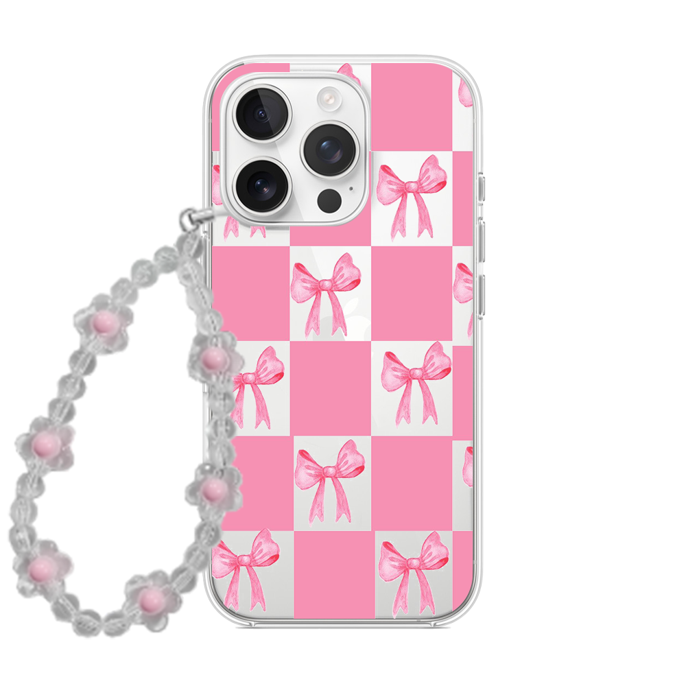 Pink Checkerboard & Bow Clear Phone Case with Pearl Strap