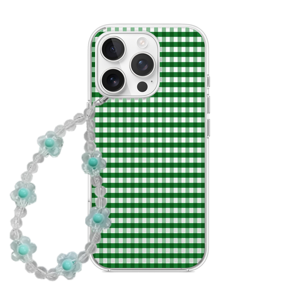Clear phone case with a yellow gingham checkered pattern and a matching beaded phone strap with yellow flower accents.