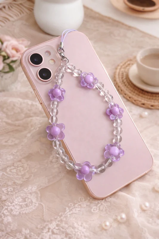 A light purple and clear beaded flower phone strap attached to a pastel pink smartphone, resting on a white lace cloth.