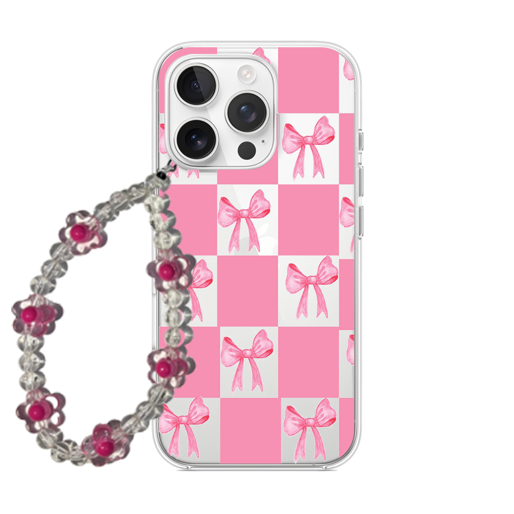 Pink Checkerboard & Bow Clear Phone Case with Pearl Strap