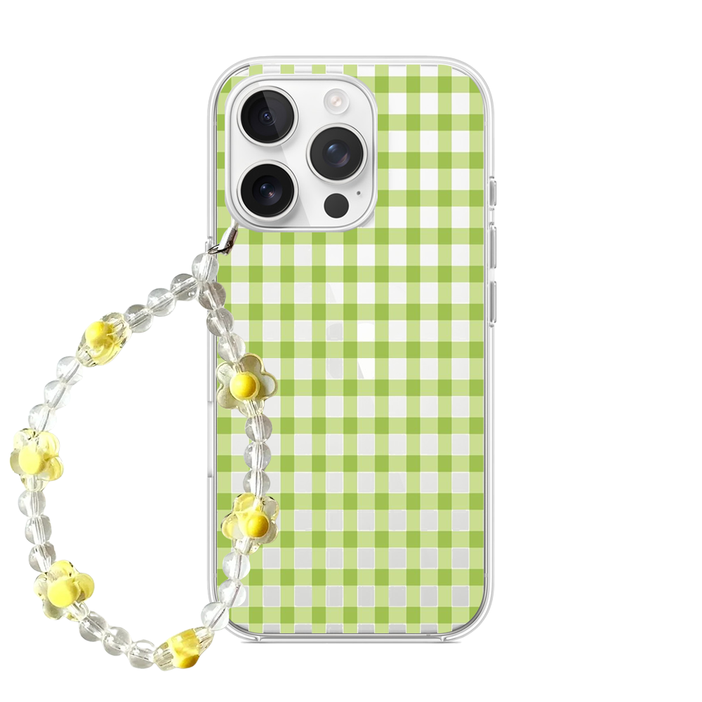 Clear phone case with a dark green gingham pattern and a matching clear and green floral beaded phone strap.