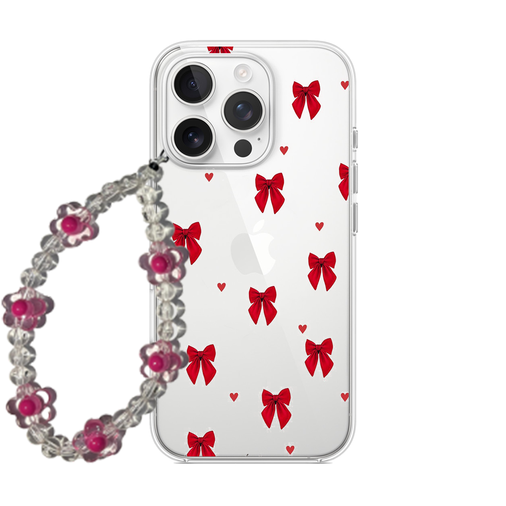 Clear phone case with a pattern of red bows and small red hearts, attached to a clear and red beaded flower wrist strap.