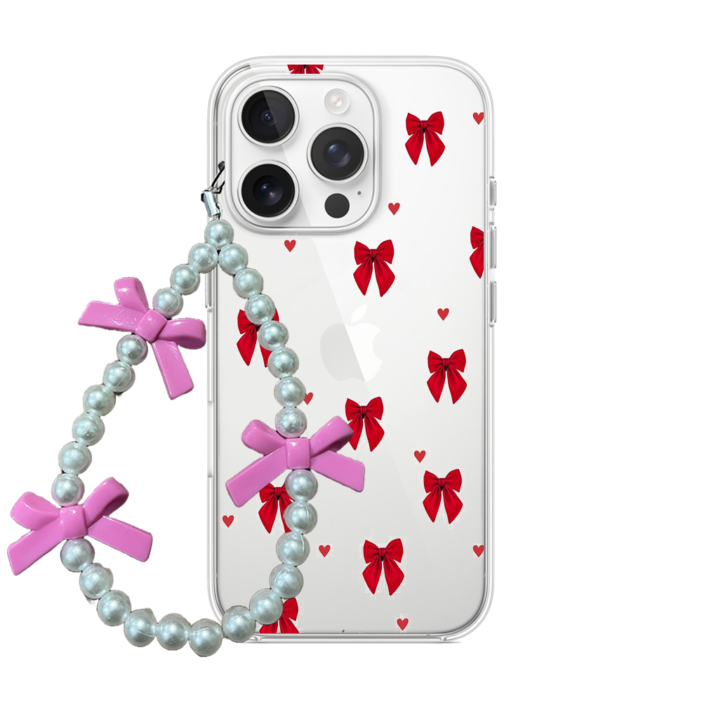 Classic Red Bow & Heart Clear Phone Case with Beaded Charm