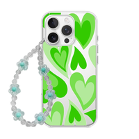 Clear phone case featuring retro layered hearts in vibrant neon green tones, with a matching mint beaded flower wrist charm.