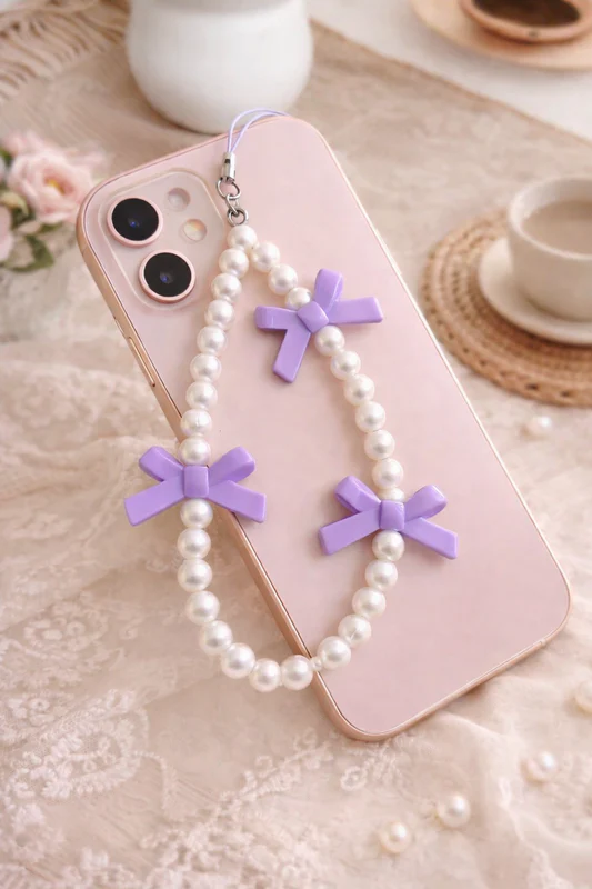 A faux pearl beaded phone charm with pastel purple bow decorations, shown attached to a pink phone on a lace background with a teacup nearby.