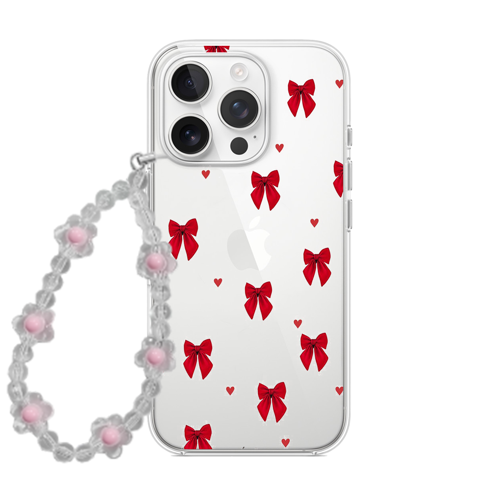 Classic Red Bow & Heart Clear Phone Case with Beaded Charm