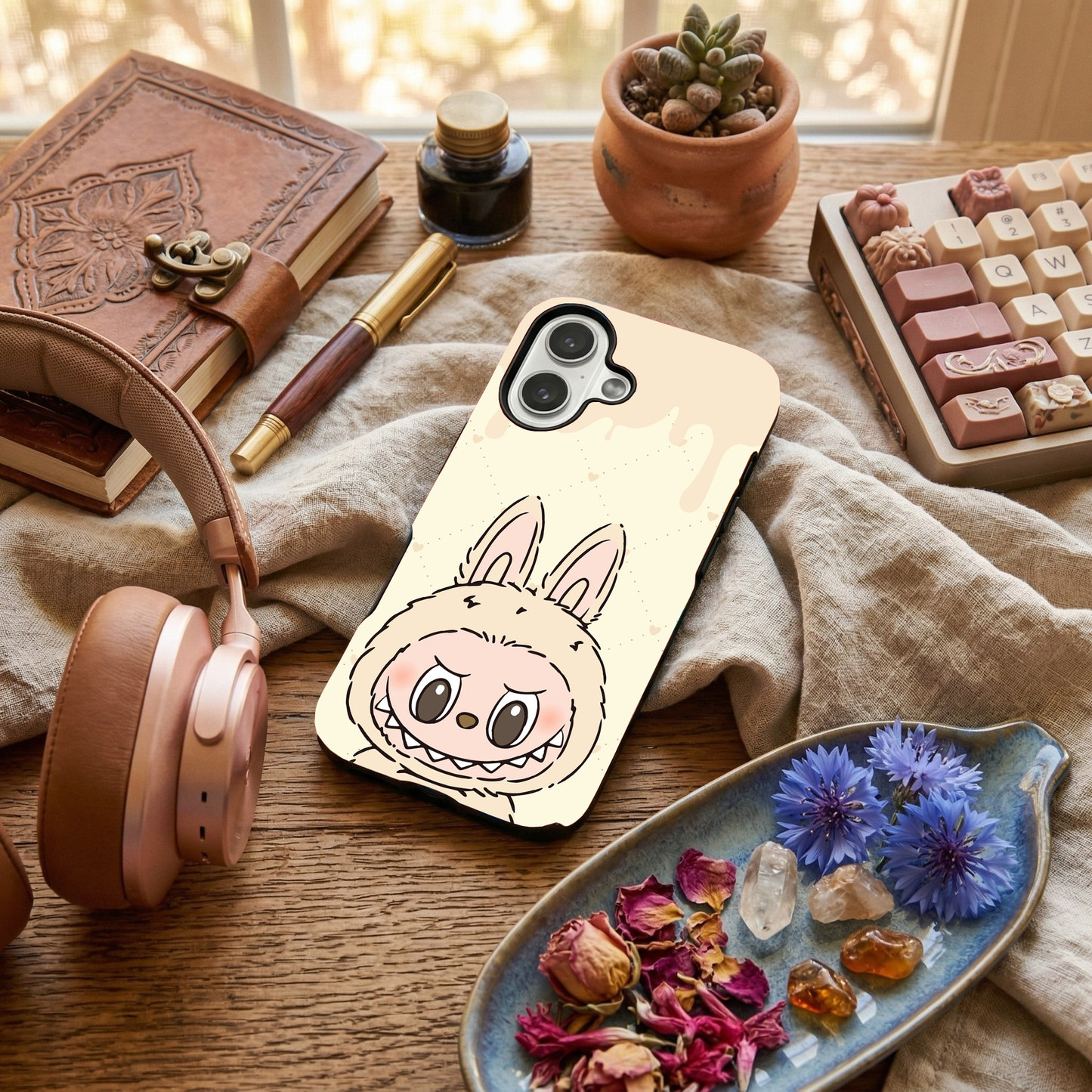 Glossy phone case featuring a cute cream beige Labubu monster character in a bunny suit, surrounded by dried flowers on a wooden desk.