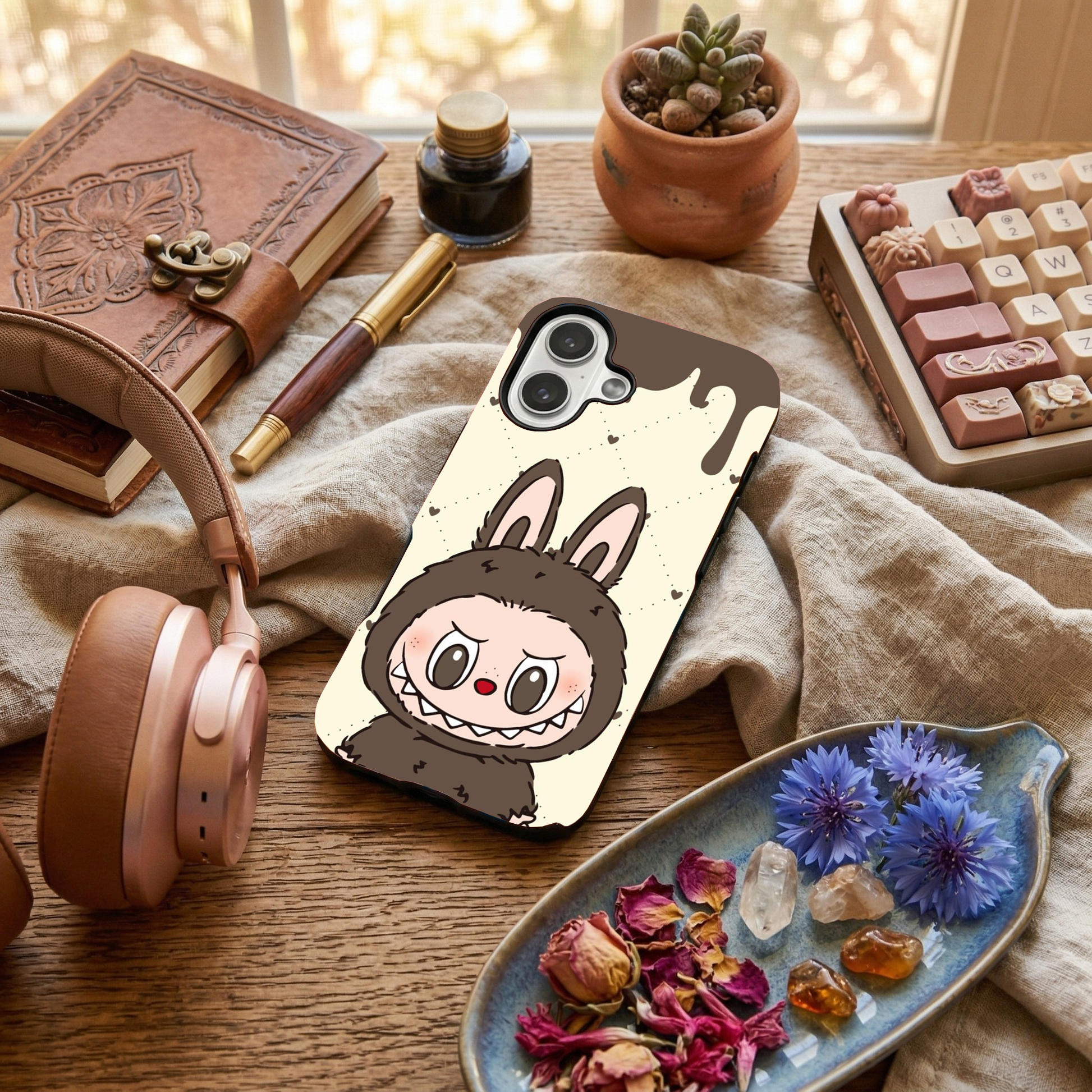 Glossy phone case featuring a cute mocha brown Labubu monster character in a bunny suit, styled on a wooden desk with headphones and crystals.