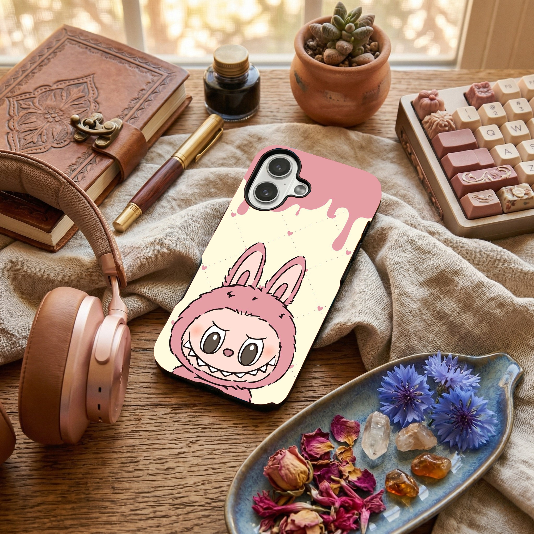 Glossy phone case featuring a cute pastel pink Labubu monster character in a bunny suit, laid on a desk next to rose gold headphones and blue flowers.