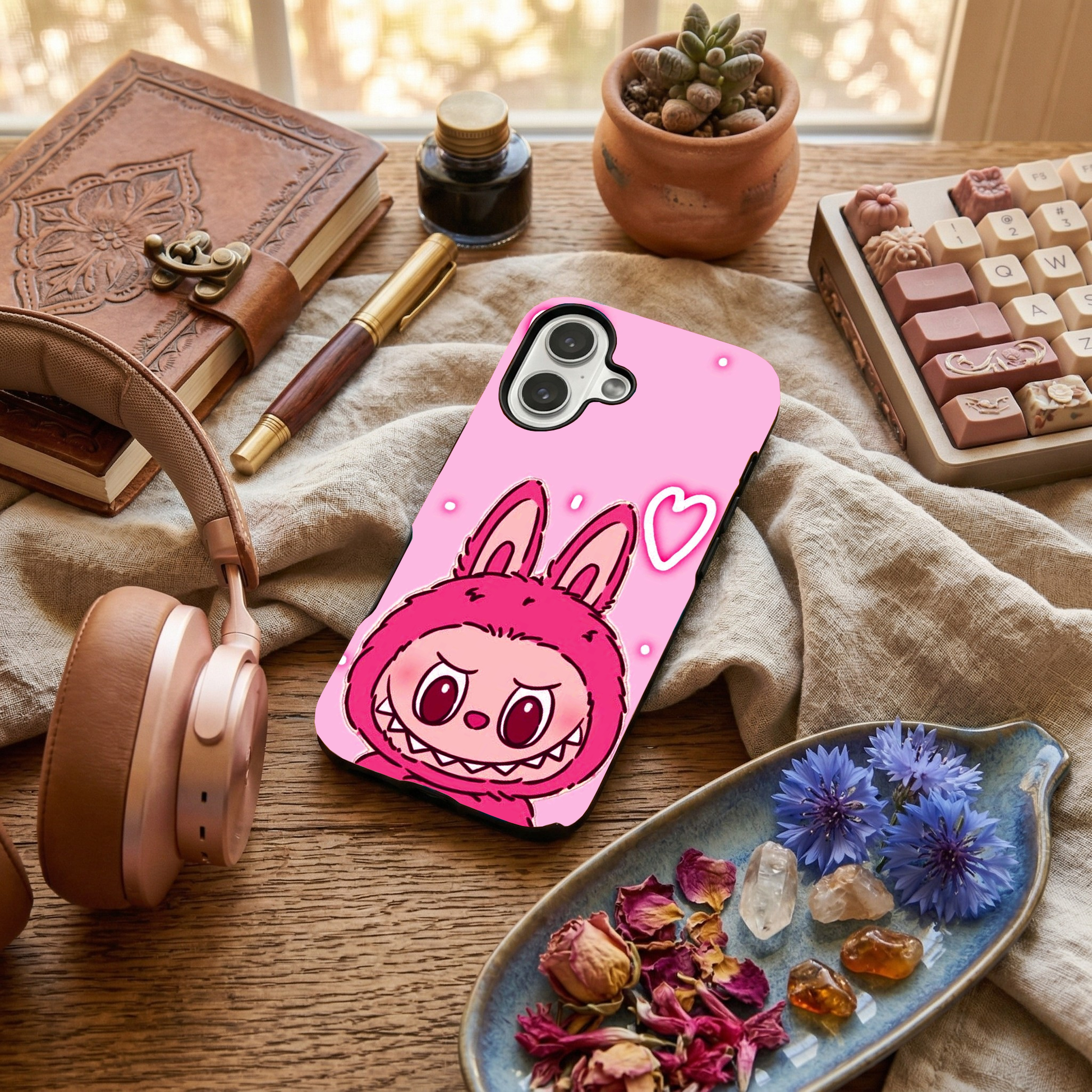 Glossy phone case featuring a hot pink Labubu monster character and a glowing neon heart outline, placed on an aesthetic wooden desk setup.