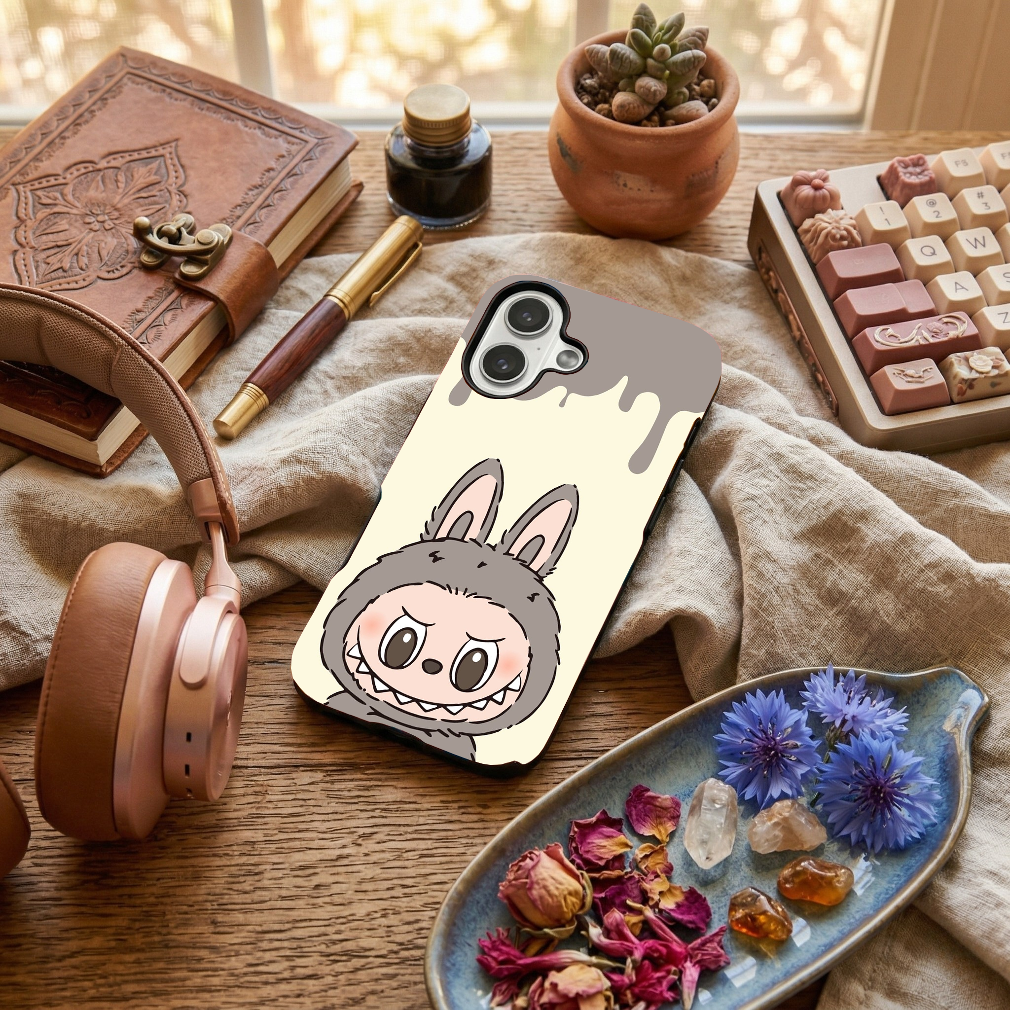 Glossy phone case featuring a slate grey Labubu monster with a dripping paint design at the top, styled on a wooden desk with headphones and crystals.
