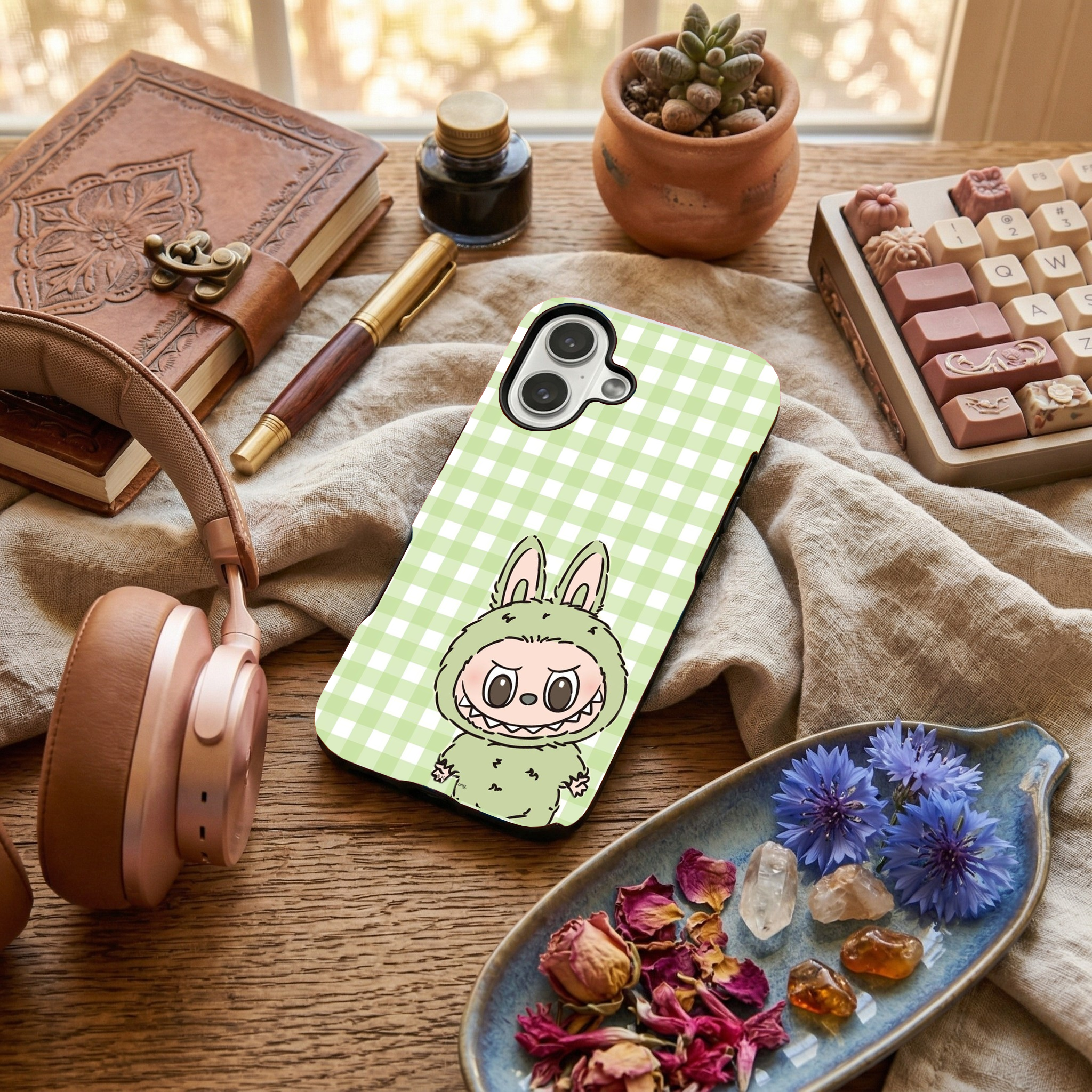 Glossy phone case featuring a green Labubu monster on a pastel mint green gingham checkered background, resting on a wooden surface.