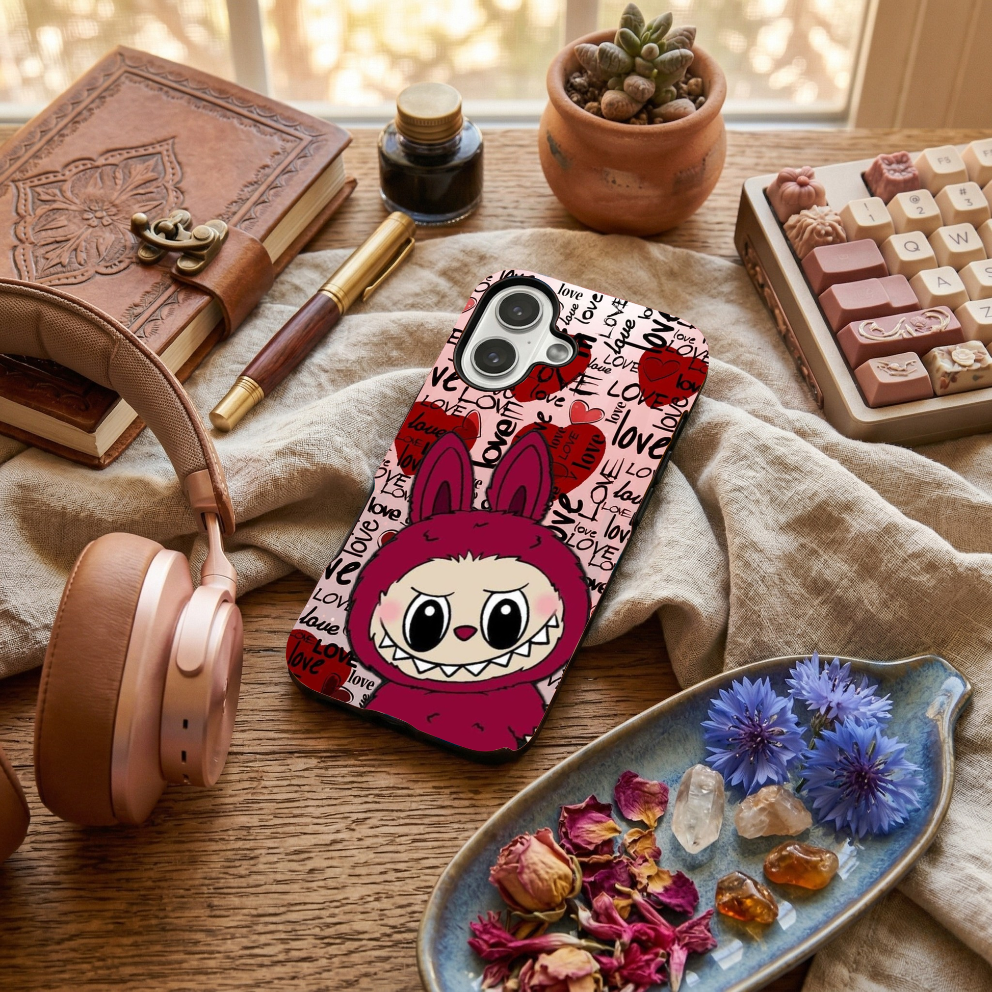 Glossy phone case featuring a crimson red Labubu monster surrounded by overlapping 'love' text and red hearts, styled on a desk with dried flowers.