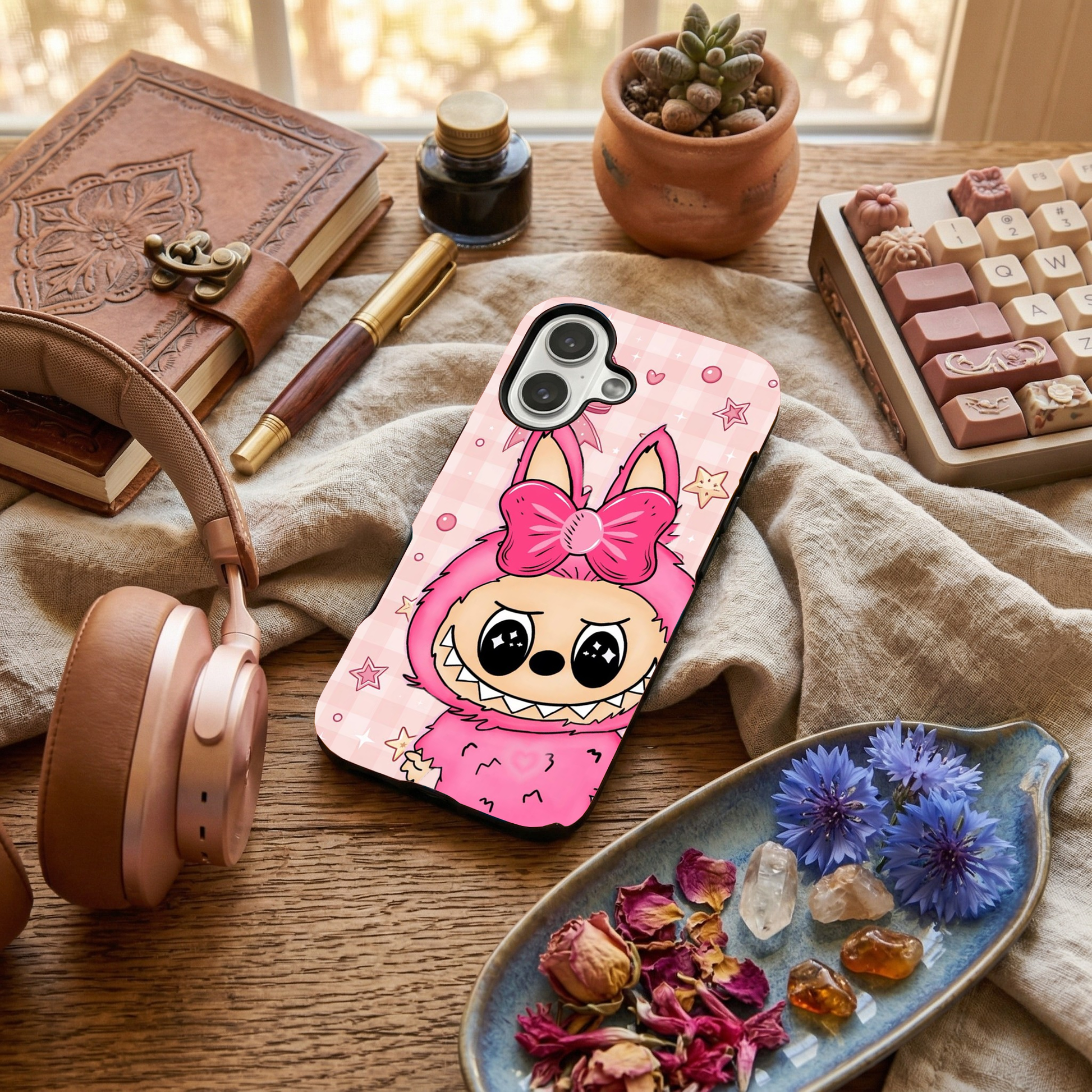 Glossy phone case featuring a pink Labubu monster wearing a large bow on a pastel pink gingham background adorned with stars, laid on a desk next to rose gold headphones.