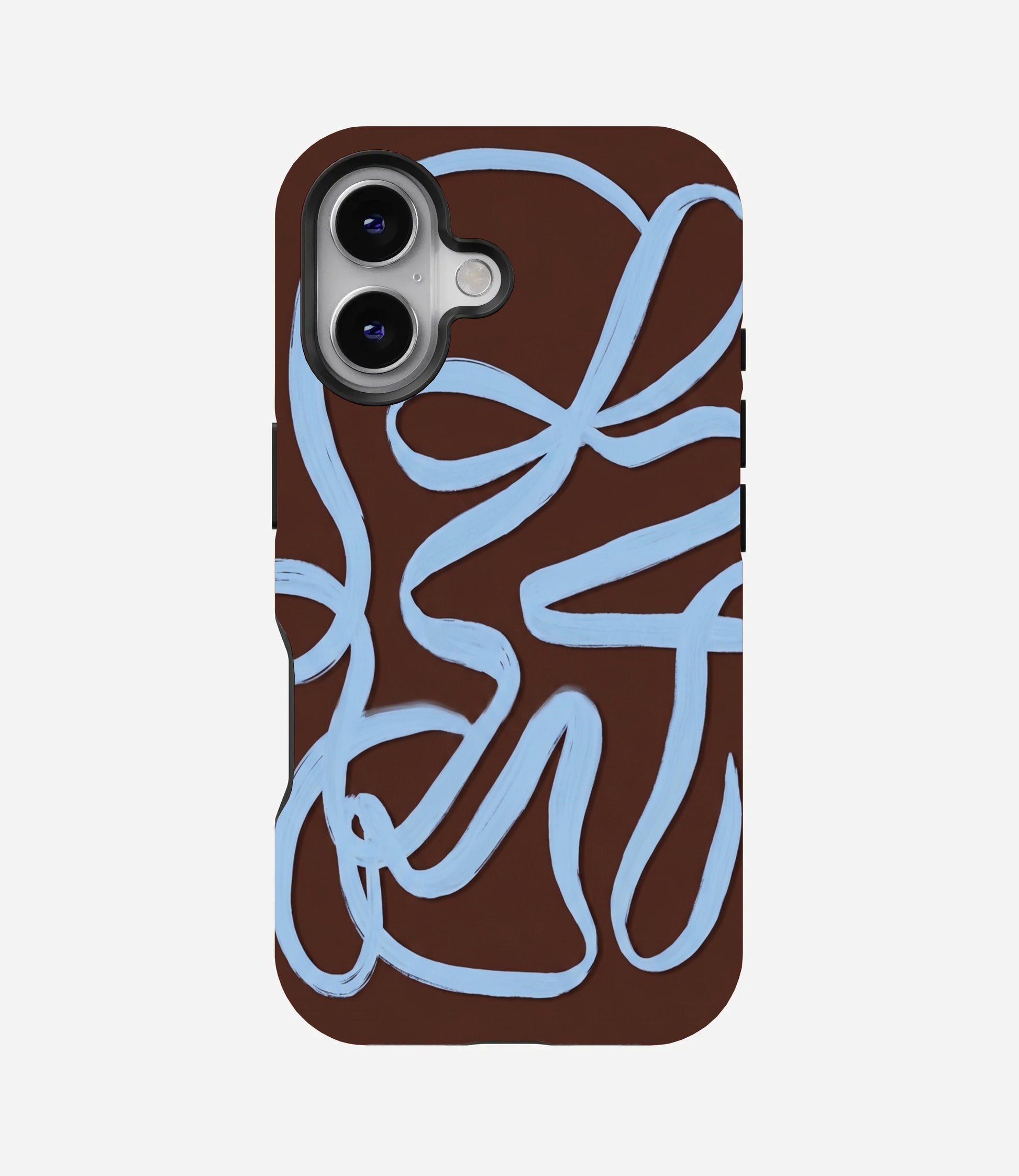 Chocolate brown phone case with an abstract, continuous light blue painted line design.