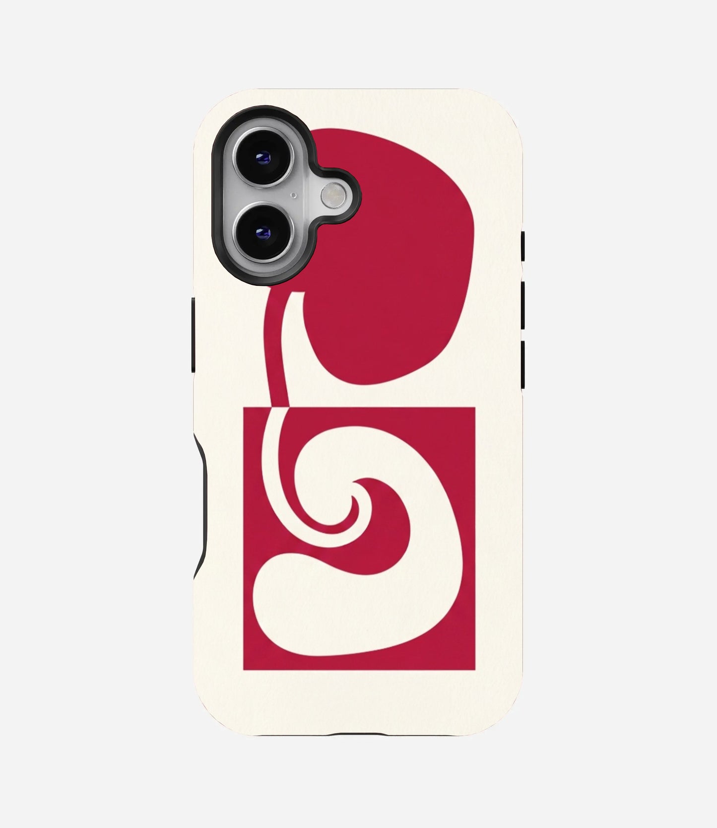 Cream phone case with bold, organic retro red abstract shapes forming a modern graphic design.