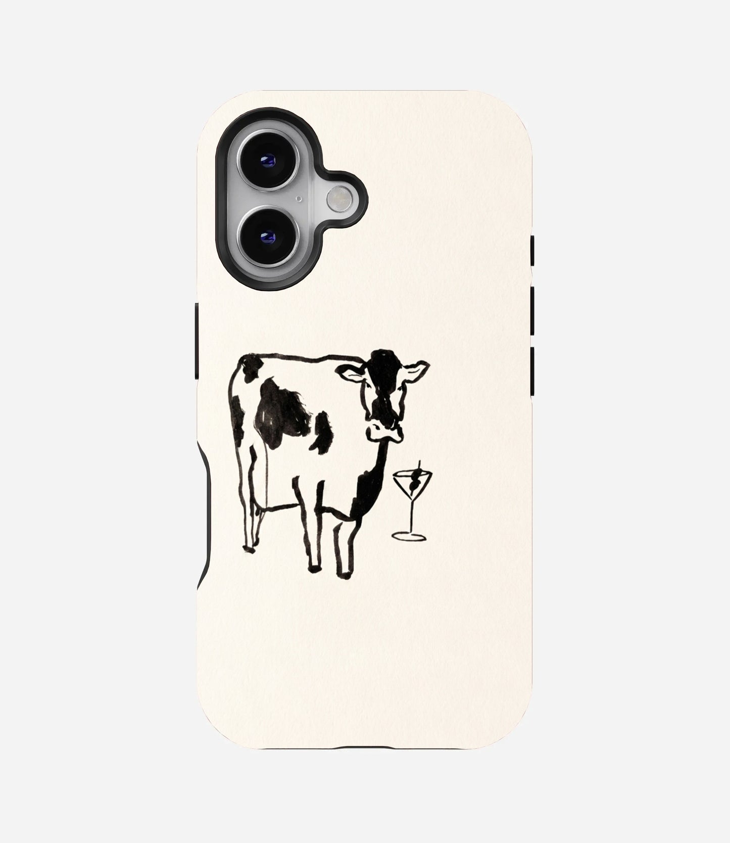 Minimalist cream phone case with a black ink sketch of a spotted cow standing next to a martini glass.