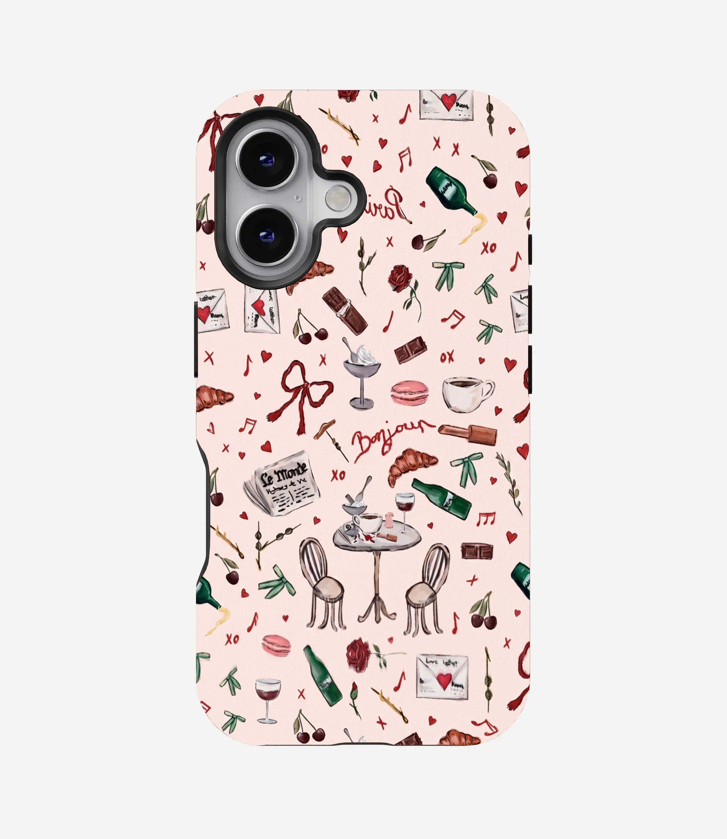 Light pink phone case covered in romantic Parisian doodles including croissants, wine glasses, ribbon bows, and the word Bonjour.