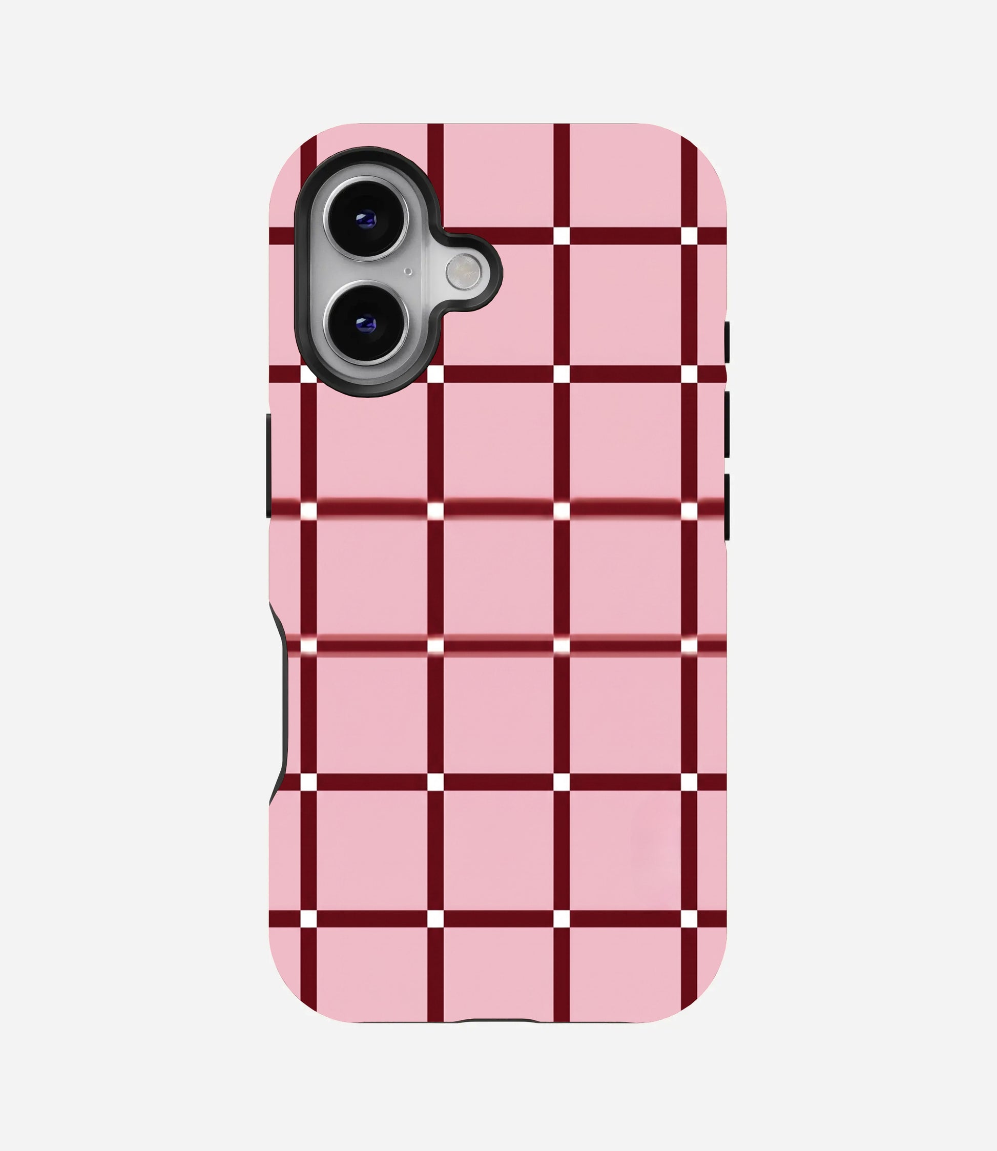 Glossy phone case featuring a light pink background with a dark maroon grid pattern and white intersection dots.